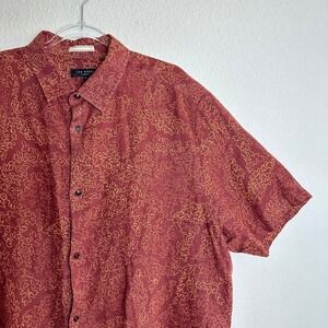 Ted Baker London Mens Burgundy Linen Embroidered Short Sleeve Shirt Size 7 XXL